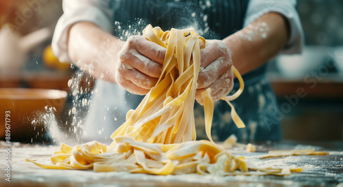 Freshly made pasta being tossed in flour by a chef. Generative AI.