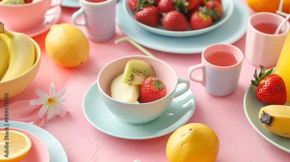 Pastel-Colored Tableware with Fresh Fruits Pastel-Colored Tableware with Fresh Fruits