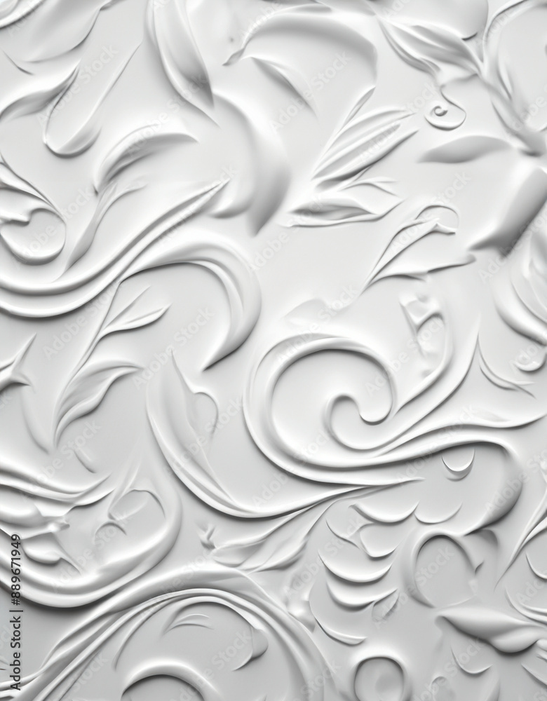 White minimal wedding background with swirls, waves, leaves floral ornamental elements. Abstract pattern with curved lines and waves with a dried paint texture wallpaper.