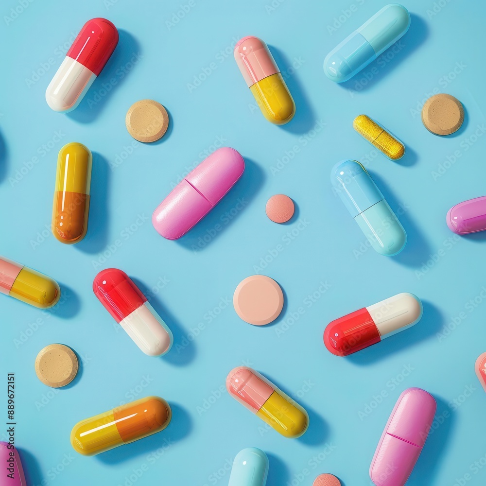 abstract arrangement of colorful medicine pills and capsules vibrant pharmaceutical composition on soft blue background healthcare concept abstract arrangement of colorful medicine pills and capsules vibrant pharmaceutical composition on soft blue background healthcare concept