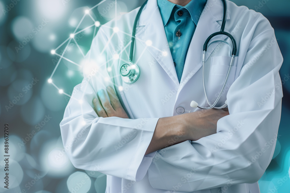 Doctor with stethoscope standing arms crossed in front of abstract background. Generative AI. Doctor with stethoscope standing arms crossed in front of abstract background. Generative AI.
