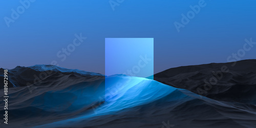 Fantastic mountain night landscape with glowing neon panel. Blue mountains and luminous element,abstract futuristic,wallpaper.3D render
