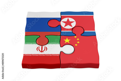 North Korea, Iran, China and Russian flags on puzzle. 3D illustration