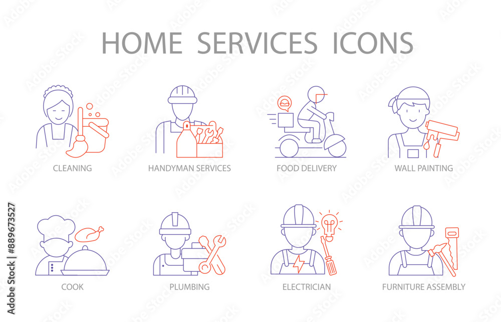 All-in-One Home Service Icons: Cleaning, Handyman, Food Delivery, Painting, Cooking, Plumbing, Electrician, Furniture Assembly. All-in-One Home Service Icons: Cleaning, Handyman, Food Delivery, Painting, Cooking, Plumbing, Electrician, Furniture Assembly.