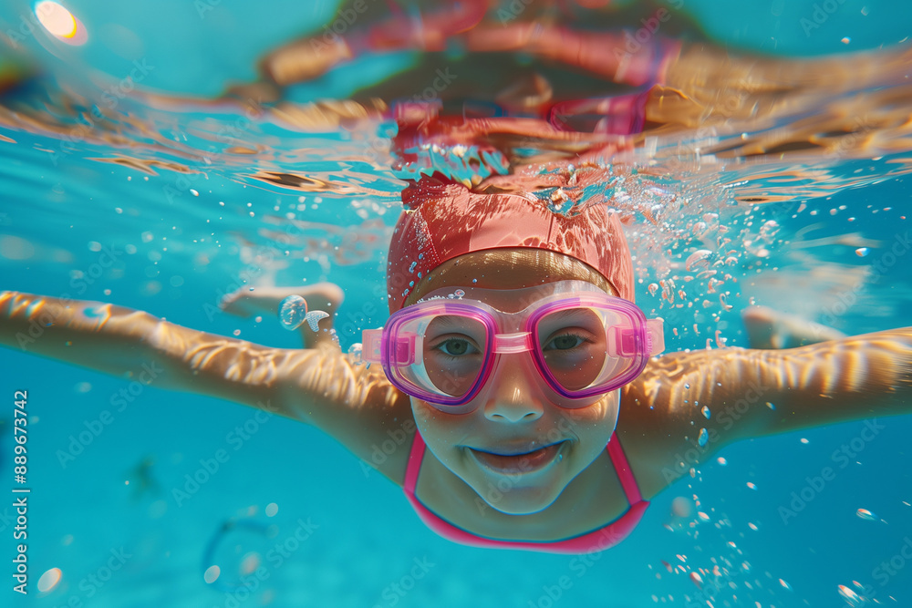 Fototapeta premium Three children swimming underwater with goggles in a pool on a sunny day. Generative AI.