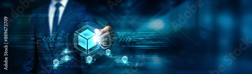 Businessman draws a diagram of blockchain technology and its applications in a global network. The diagram highlights interconnected blocks, cryptographic security, and decentralized data.