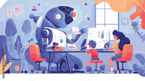 Kids programming and creating robot at class tiny people