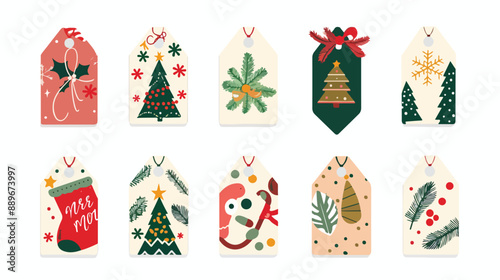 Merry Christmas letter tags flat icon Toys for evergreen