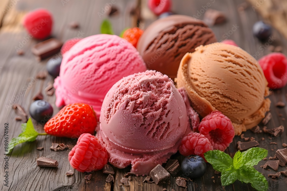 Delicious Scoops of Ice Cream with Fresh Berries and Chocolate Shavings Delicious Scoops of Ice Cream with Fresh Berries and Chocolate Shavings
