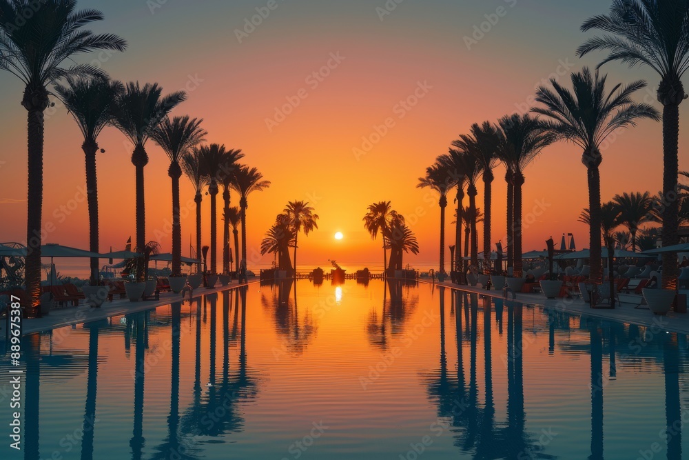 Obraz premium Sunset view of a tropical resort with palm trees and infinity pool offering a luxurious and peaceful experience