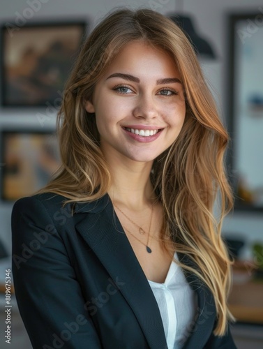 A professional woman in a suit and smile, ideal for corporate or personal use