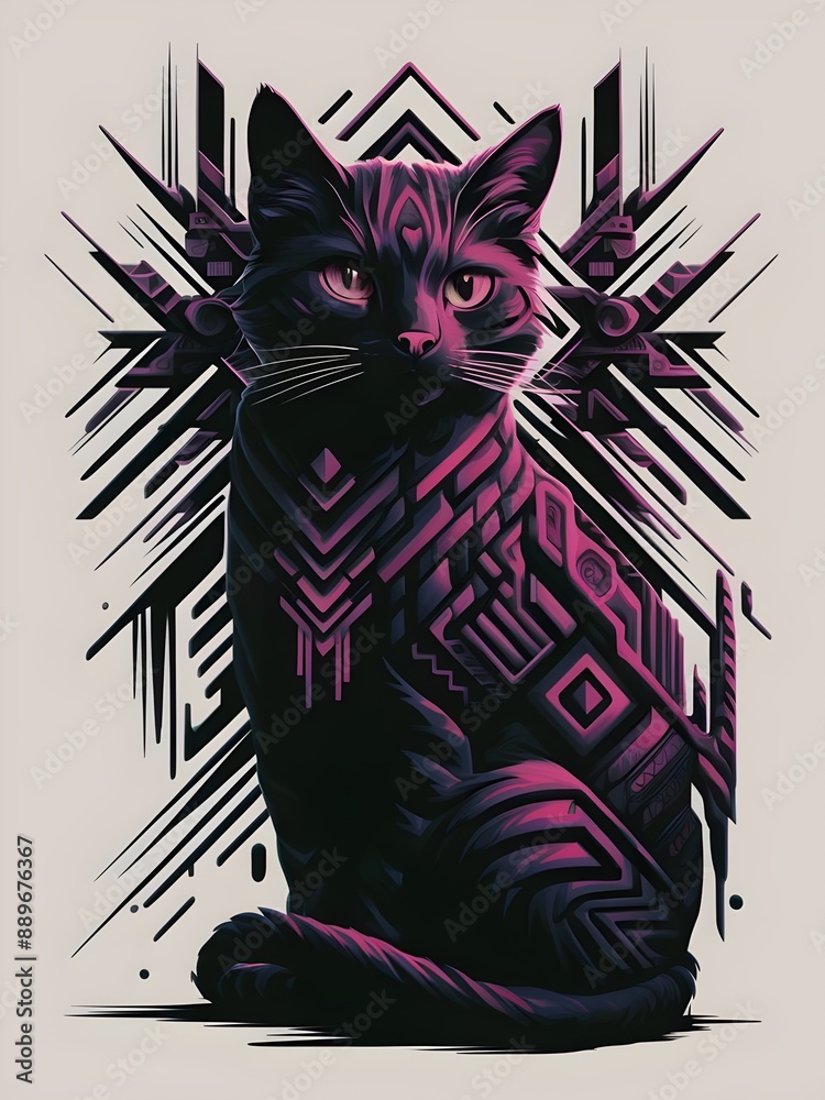 Mystical Aztec Feline: A surreal Aztec-inspired artwork showcasing a mesmerizing cat with detailed Aztec symbols and ornate designs, creating a captivating and otherworldly visual experience.