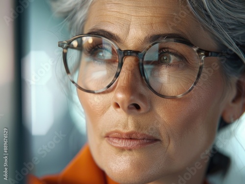 A close-up shot of a woman with glasses on her face, suitable for use in various contexts such as educational or professional settings