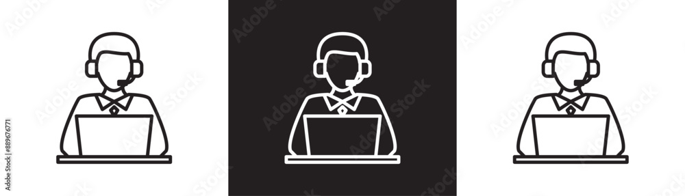 Support service and telemarketing, User admin icon on computer, line icon of administrator, employee, customer service, office work vector illustration on black and white and transparent background. Support service and telemarketing, User admin icon on computer, line icon of administrator, employee, customer service, office work vector illustration on black and white and transparent background.