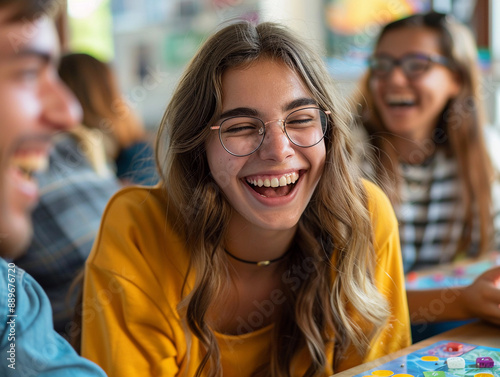 Wallpaper Mural Young Woman Laughing While Playing Board Game With Friends Torontodigital.ca