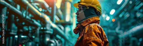 Industrial Worker Standing in a Factory at Night