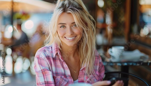Blonde Woman Uses Phone While Sitting at Outdoor Cafe Table