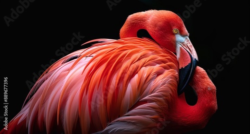 A Close-Up Portrait of a Pink Flamingo Resting Against a Black Background