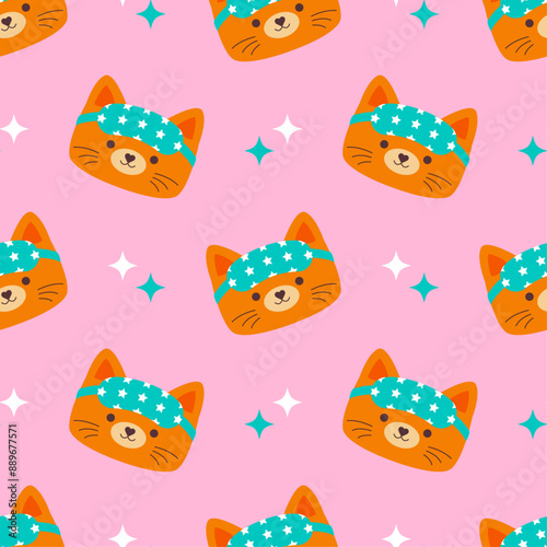 Seamless pattern with a red cat face wearing a sleep mask on a background of stars. Stylized cartoon drawing of a cute cat face. Eye mask, sleep accessory. Vector illustration in flat style
