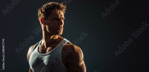 Muscular Man Posing in a White Tank Top Against a Dark Background