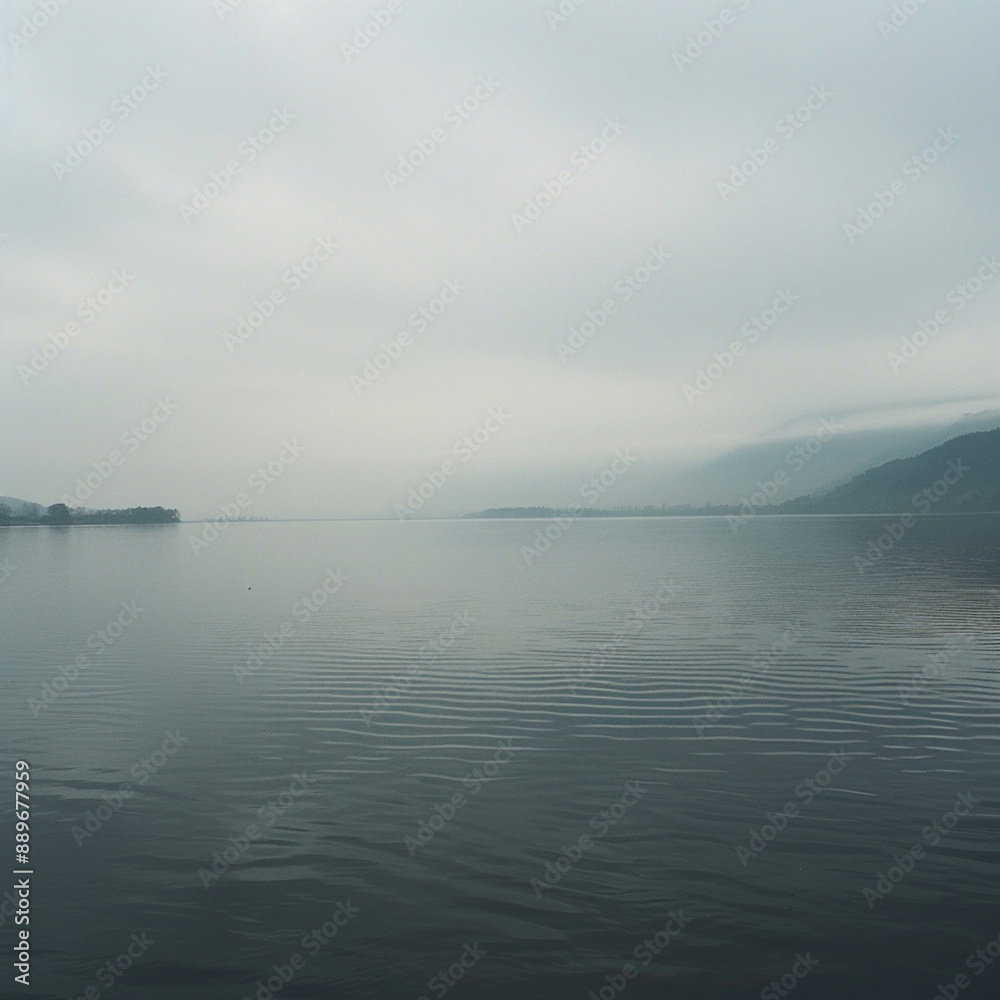 view of a lake, overcast sky, sparse clouds, slightly symmetrical view of a lake, overcast sky, sparse clouds, slightly symmetrical