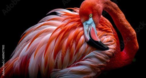 A Close-Up Portrait of a Pink Flamingo Resting Against a Black Background