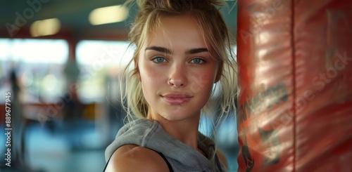 Woman With Blonde Hair Looking at Camera Near Red Punching Bag in Gym