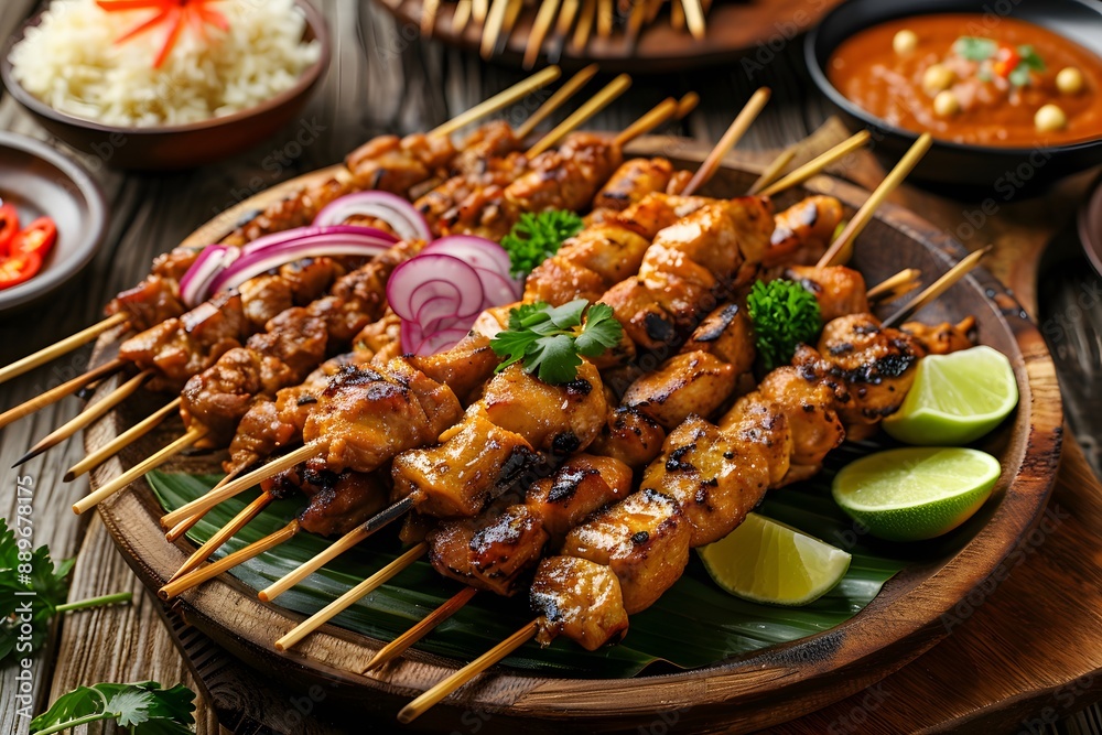Delicious Grilled Chicken Skewers with Sides of Rice and Sauce Delicious Grilled Chicken Skewers with Sides of Rice and Sauce