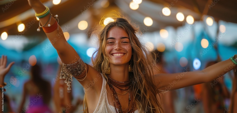 Happy Woman With Flower Crown Dancing at Night Music Festival Happy Woman With Flower Crown Dancing at Night Music Festival