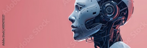 Profile of a Cyborg Woman With Exposed Mechanical Parts Against a Red Background