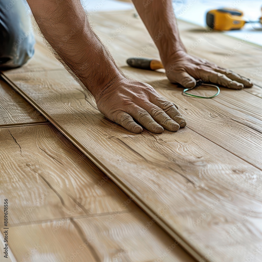 closeup of hands expertly installing light wood laminate flooring tools and materials are neatly arranged showcasing the craftsmanship and attention to detail in home improvement