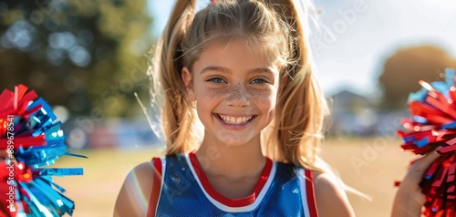 Cheerleader Smiles With Pom Poms At Outdoor Event