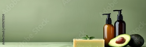 Avocado and Green Beauty Products on Green Background