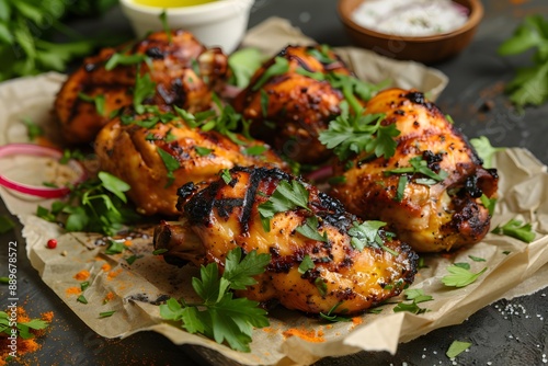 Grilled Chicken Drumsticks Garnished with Fresh Herbs