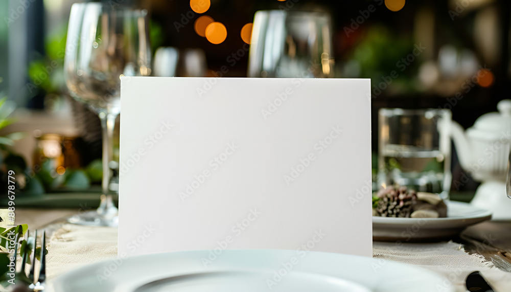 Table place setting blank menu card mockup or reserve in wedding invite and special event