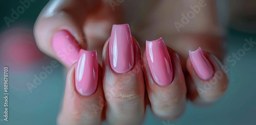 Close-Up of a Hand With Pink and Glitter Nail Polish Against a Blue Bokeh Bac...