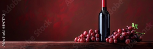 A Bottle of Red Wine With Grapes on a Wooden Table Against a Red Wall