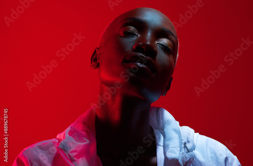 Black woman, relax and fitness with neon red for sports, exercise and training of wellness commitment. African, female person and eyes close with workout goals for athlete health on studio background