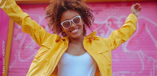 Smiling Woman Wearing a Yellow Jacket and Sunglasses Posing on Pink Background
