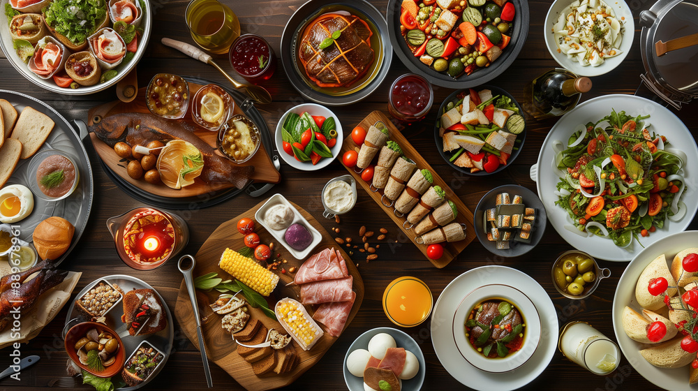 Full table of delicious dinner party table European food Full table of delicious dinner party table European food