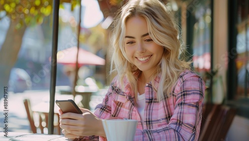 Blonde Woman Uses Phone While Sitting at Outdoor Cafe Table