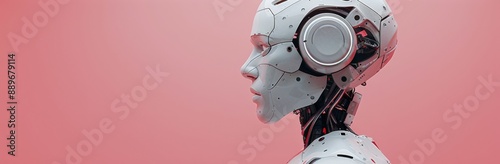 Closeup of a Blue Robotic Head Facing Right Against a Pink Background