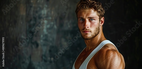 Close Up Portrait of a Handsome Man With Wavy Blonde Hair in a White Tank Top