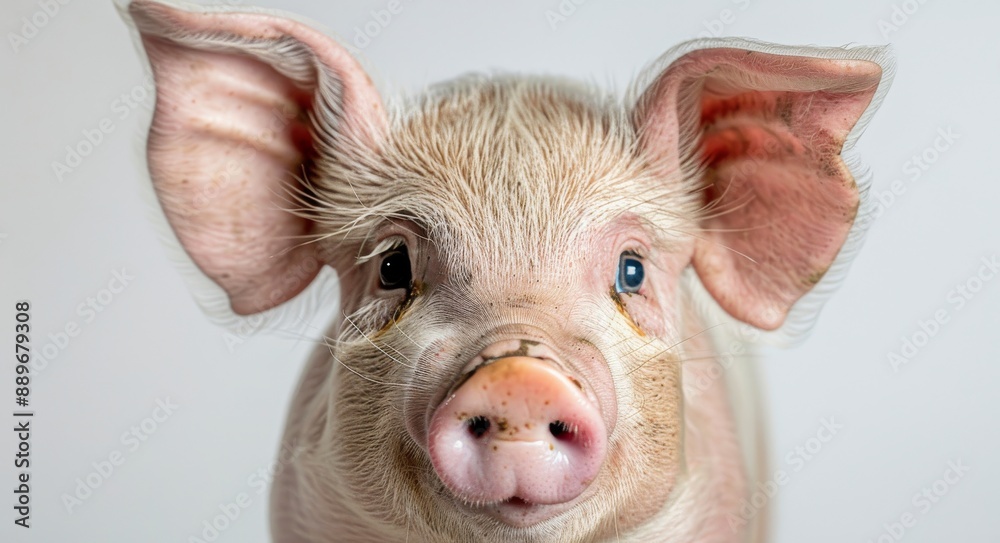 Close Up Portrait of a Young Pig With One Blue Eye Looking Directly at Camera