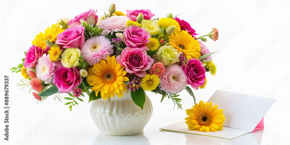 Vibrant floral bouquet of pink, yellow, and white flowers arranged in a beautiful vase on a white background with a blank thank you card. Vibrant floral bouquet of pink, yellow, and white flowers arranged in a beautiful vase on a white background with a blank thank you card.