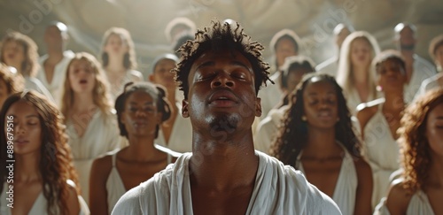 Young Man Singing With a Group of People in a White Robe
