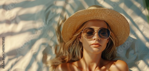 Woman Relaxing on Beach Under Palm Tree Shade With Sunglasses and Hat