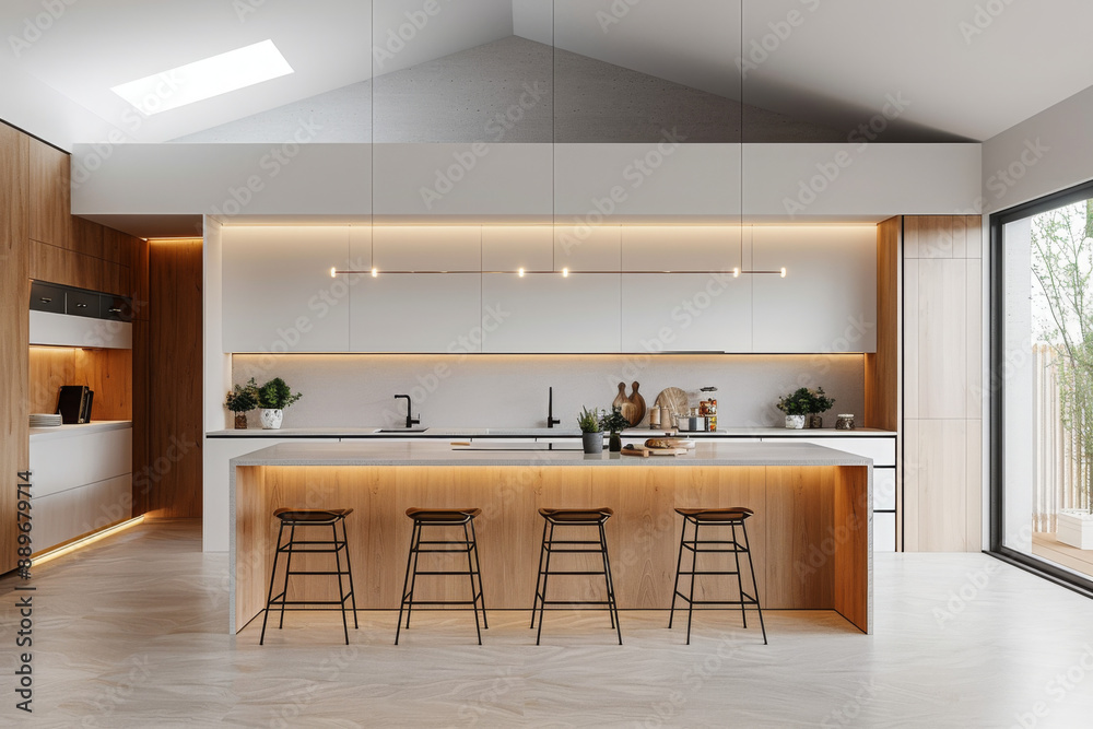 White and wooden kitchen interior with island