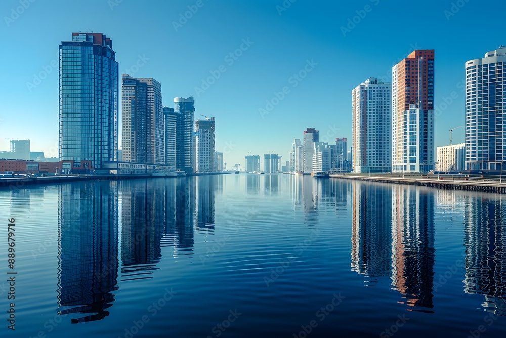 Obraz premium Modern Cityscape with Skyscrapers Reflecting on Calm Water