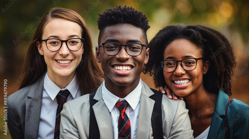 Smiling group of diverse students, three school pupils wearing school uniforms and glasses. Smiling group of diverse students, three school pupils wearing school uniforms and glasses.